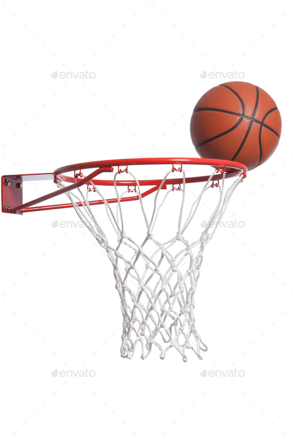 Basketball on a rim with net isolated on white background Stock Photo